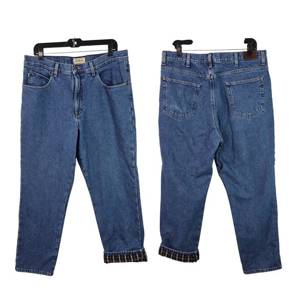 LL Bean Flannel Lined Classic Fit Vintage Hi Rise Blue Jeans 36 Waist - Picture 1 of 5